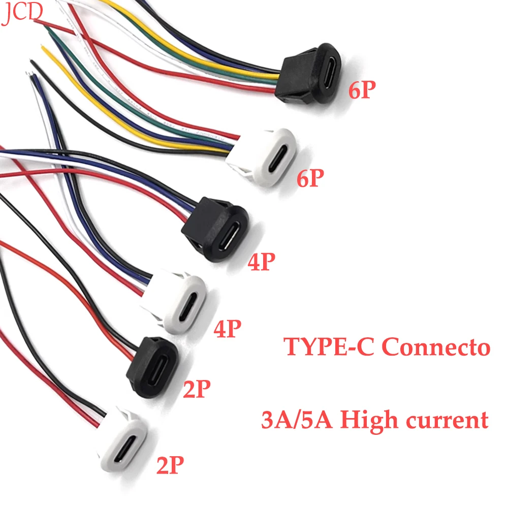 Conector USB impermeable tipo c de 2, 4, 6 pines, base hembra de compresión directa, interfaz de carga con cable de soldadura, 1 ud.