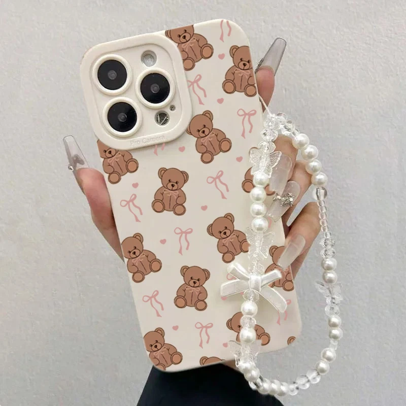Funda de teléfono con cordón de perla blanca y oso con lazo bonito para iPhone 17 16 15 14 13 12 11 Pro Max 7 8 Plus 16E 17Air X XR XS