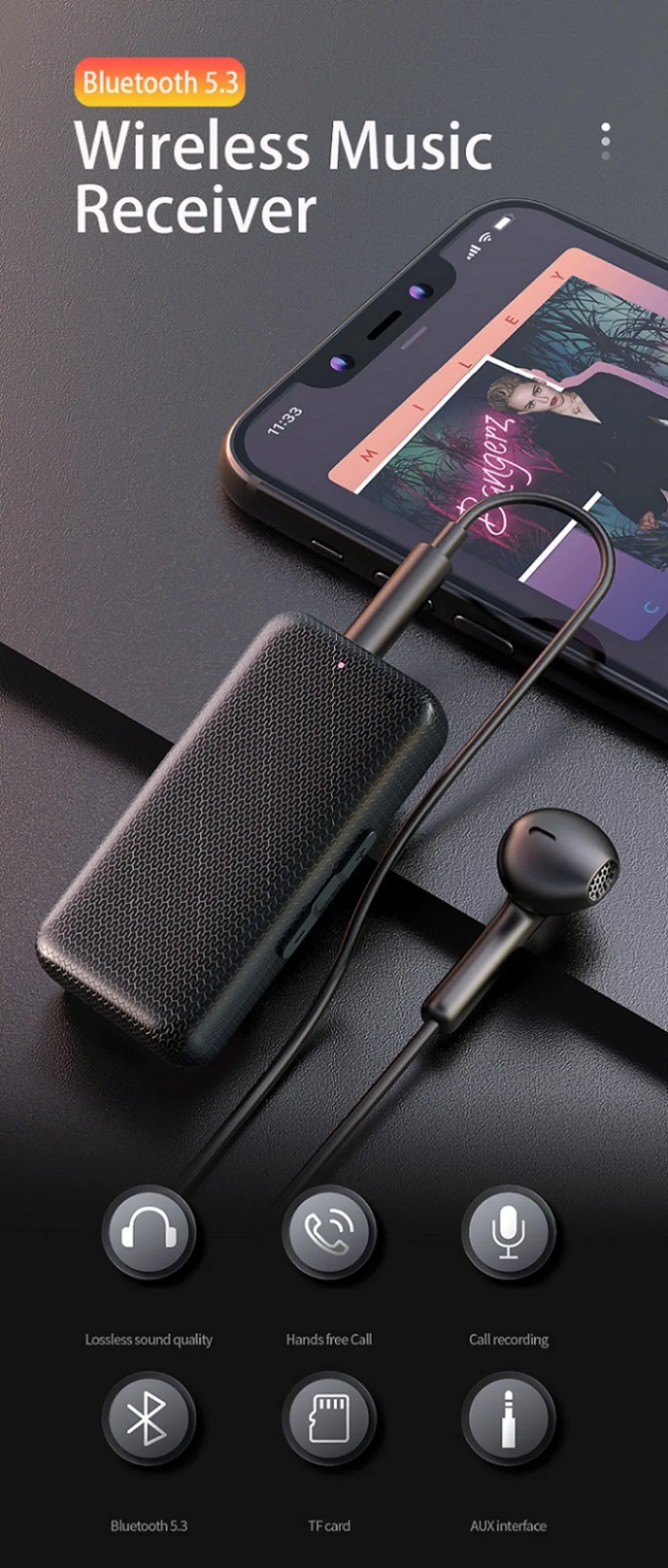 Adaptador Bluetooth 5,3 Dongle 3,5mm AUX Jack adaptador de coche Bluetooth para auriculares con cable TV altavoz de coche reproductor MP3 receptor de Audio - imagen 2