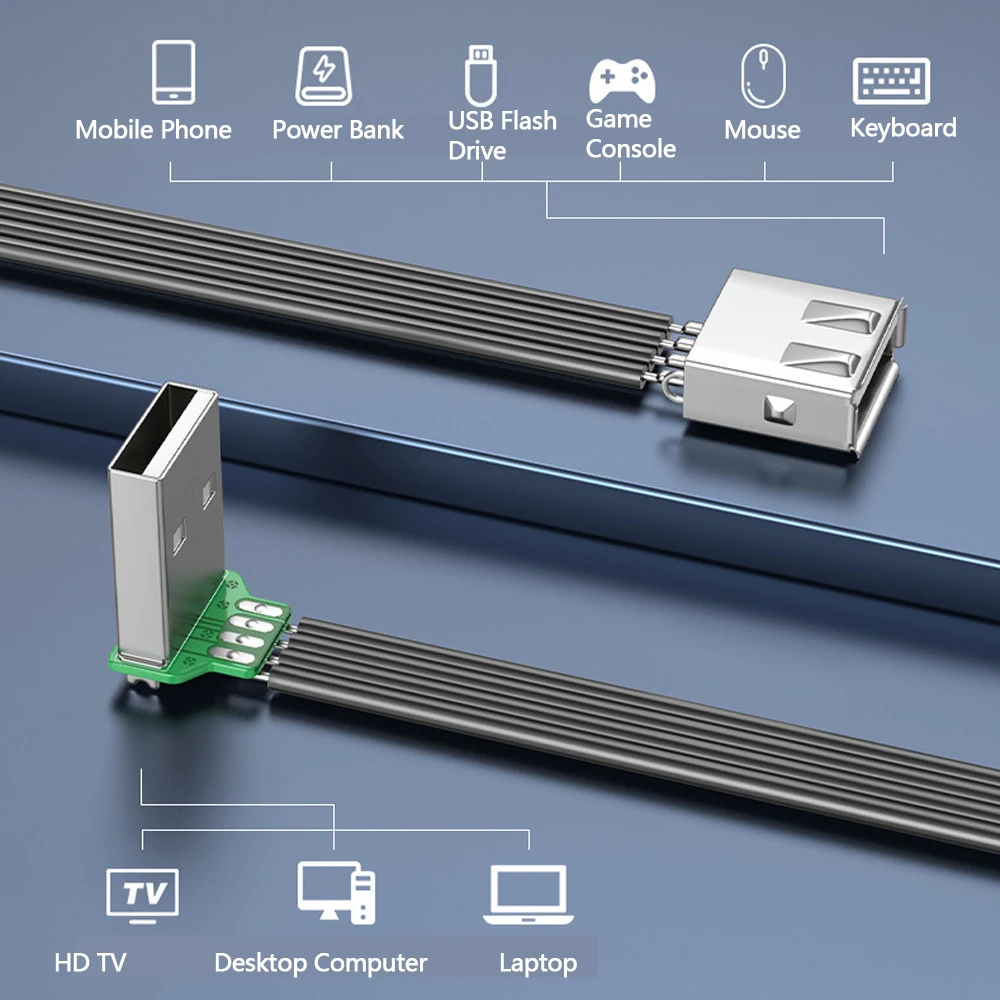 Cable plano de silicona USB 2.0 Cable de extensión de unidad Flash de ángulo arriba/abajo/izquierdo/derecho de 90 grados para teclado de ratón - imagen 4
