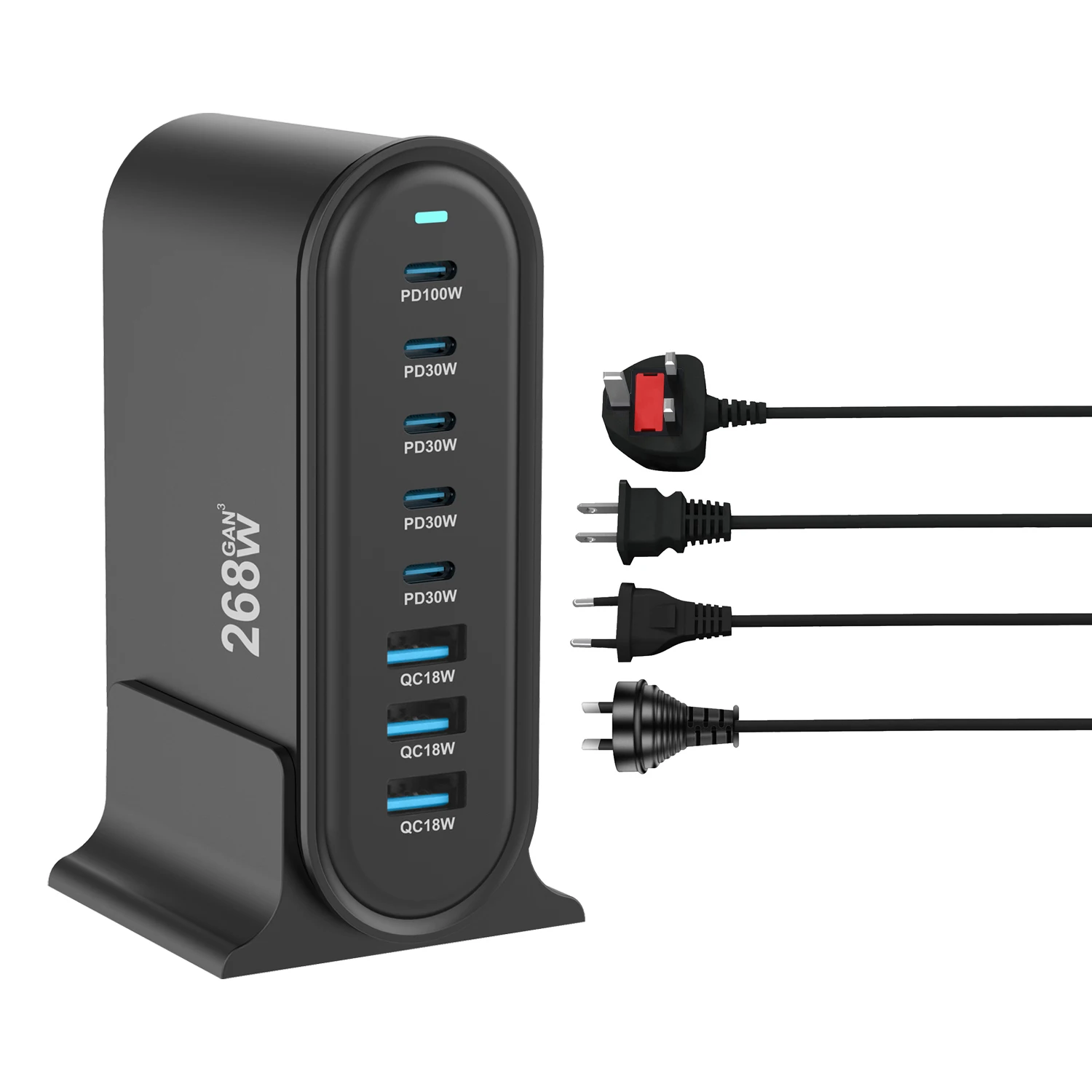 Cargador multipuerto USB C de 268W, estación de carga rápida de 8 puertos, Hub, adaptador de corriente compacto GaN