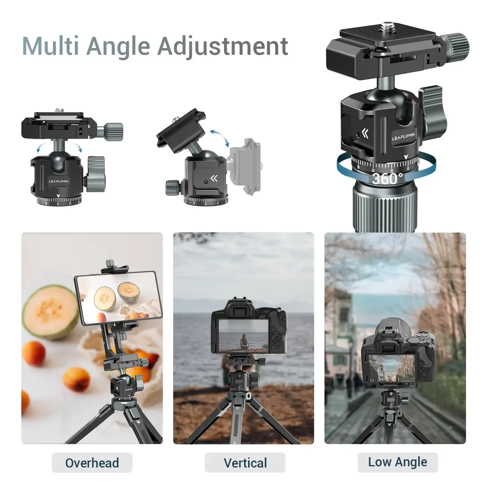 Leaplight-trípode de cámara de perfil bajo, cabezal de bola giratorio 360 con placa de liberación rápida Arca Swiss para trípode, soporte para teléfono - imagen 4