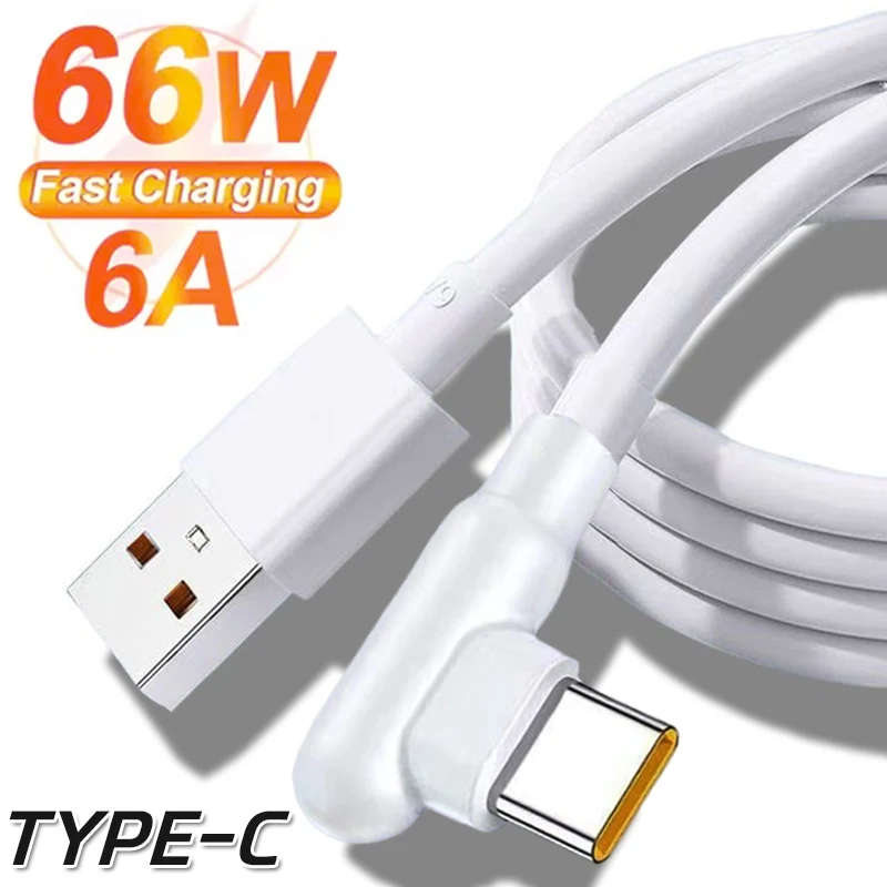 Cable de datos de carga de alta velocidad, 66W, 6A, USB tipo C, cargador de codo de 90 grados, Cable para Samsung, Xiaomi, Huawei, Android, 2M/1,5 M/1M