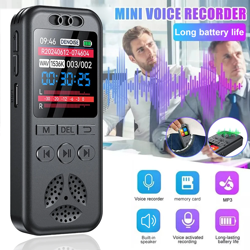 Grabadora de voz Digital de 128GB, 1536KBPS, dictáfono de sonido profesional, grabación de Audio activada por voz, reproductor MP3 WAV para reuniones