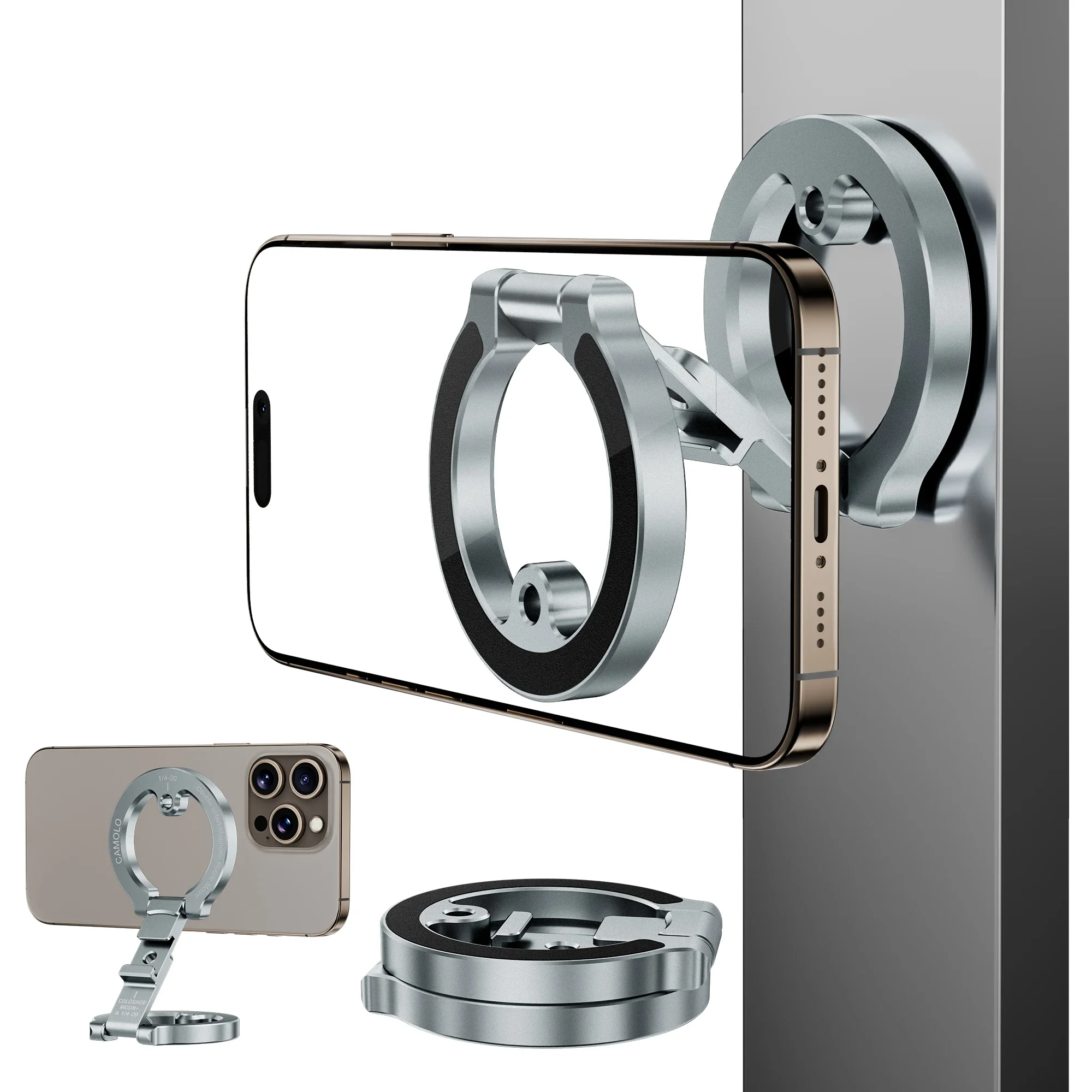 Soporte magnético para teléfono Magsafe de doble cara para iPhone Android, montaje en trípode con tornillo de 1/4 ", soporte magnético plegable para teléfono con anillo - imagen 3