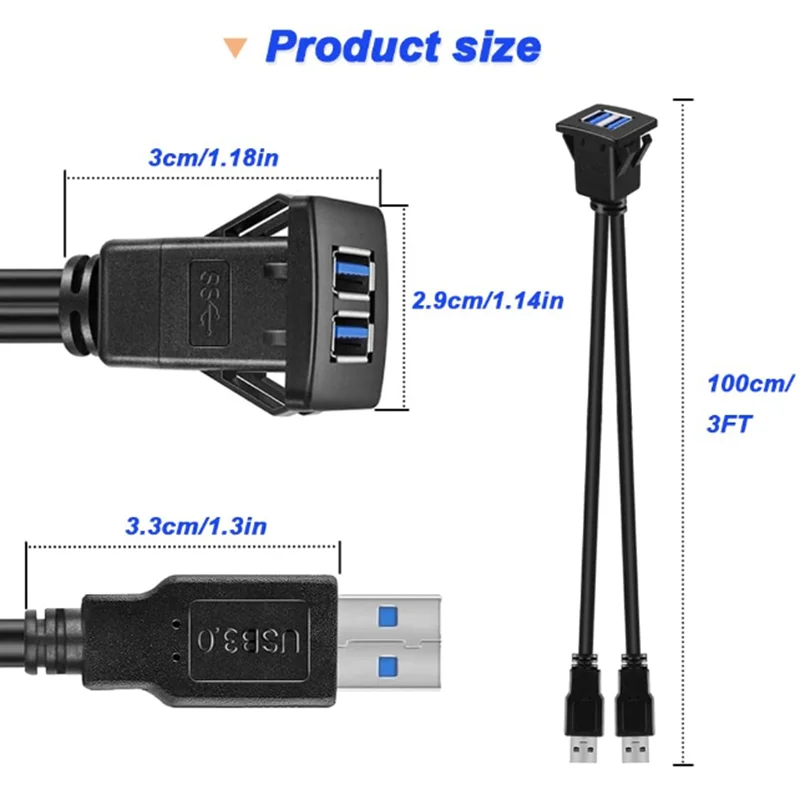 Cable de montaje empotrado de puertos USB 3,0 duales de 3,3 pies, Cable de extensión de montaje en tablero de Panel USB 3,0 macho a hembra de 2 puertos para barco de coche - imagen 2