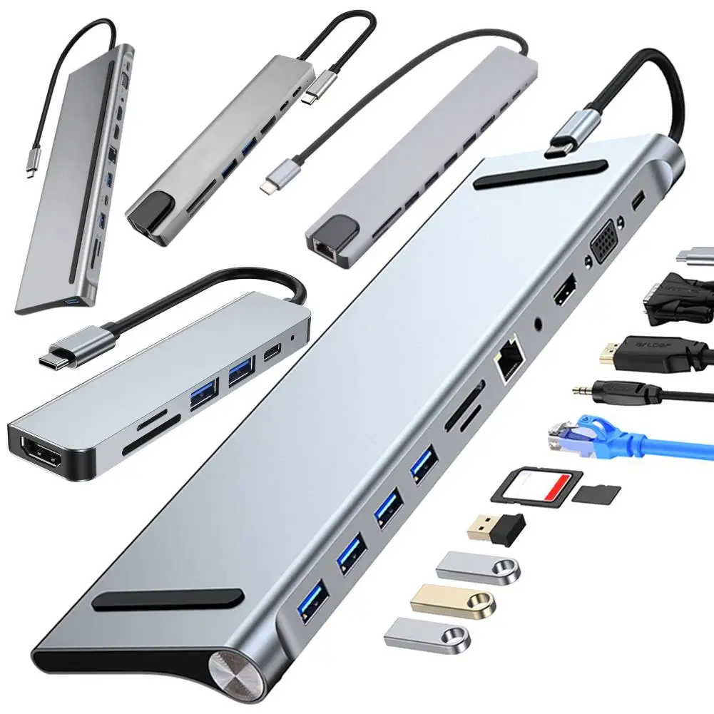 Estación de acoplamiento USB C 12/11/10/8/6 en 1, Compatible con HDMI, VGA, Ethernet, USB C Hub, adaptador multipuerto de Triple pantalla PD de 100W para PC