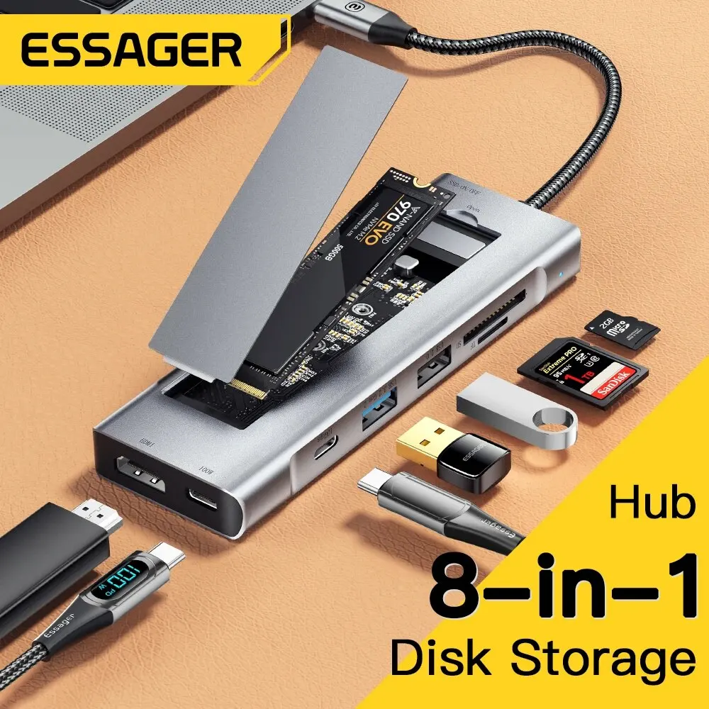 Essager-Hub USB 8 en 1 con función de almacenamiento de disco, estación de acoplamiento de ordenador portátil Compatible con USB tipo c a HDMI para Macbook Pro Air M1 M2