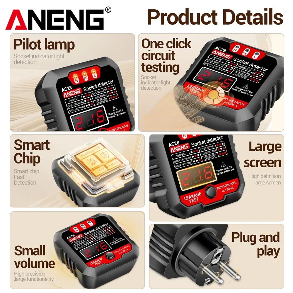 ANENG AC28 probador de potencia de enchufe Digital buscador de disyuntor enchufe UE/EE. UU. 250V 50Hz/60Hz enchufe Detector de polaridad probador de voltaje - imagen 5