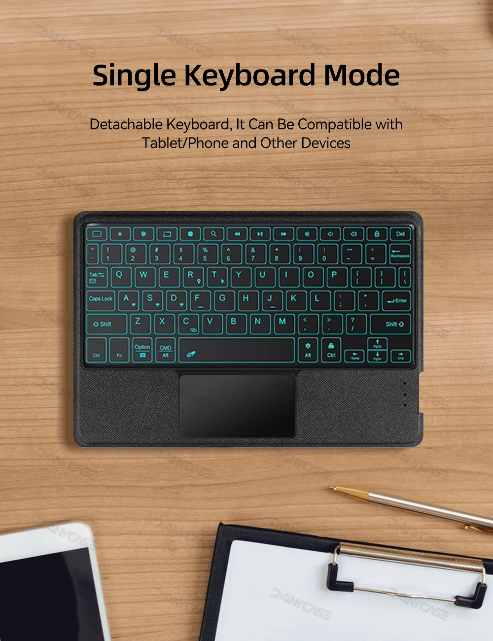 Se muestra un modo de teclado en una mesa de madera