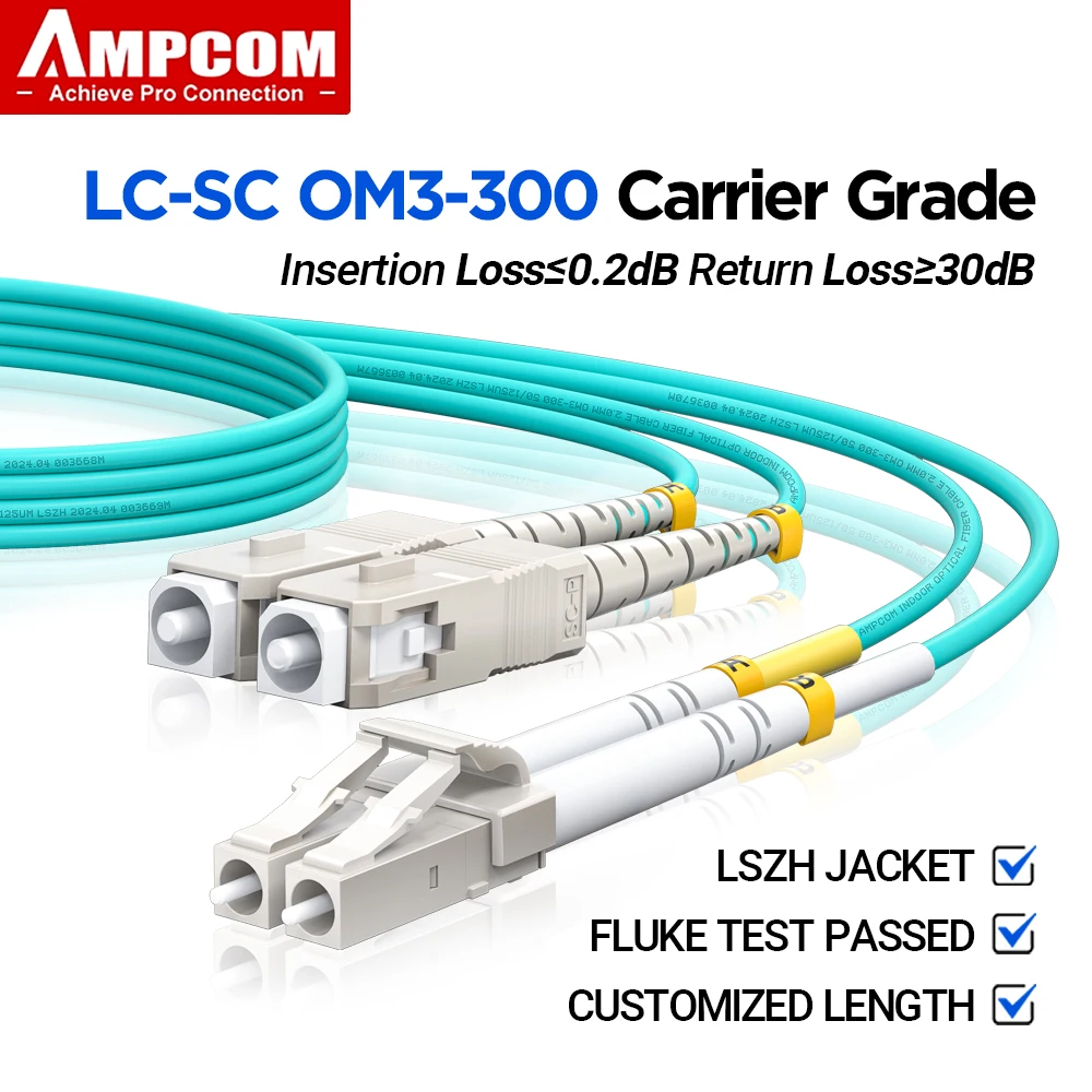 AMPCOM LC a SC UPC OM3 Cable de conexión de fibra óptica multimodo dúplex, 50/125μm, OD 2,0 mm, LSZH OFNR, 1-100 metros