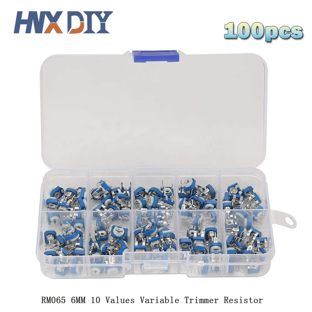 Kit surtido de potenciómetro de recorte Horizontal de película de carbono RM065, 100 piezas, resistencia Variable de 10 valores, 500R - 1M
