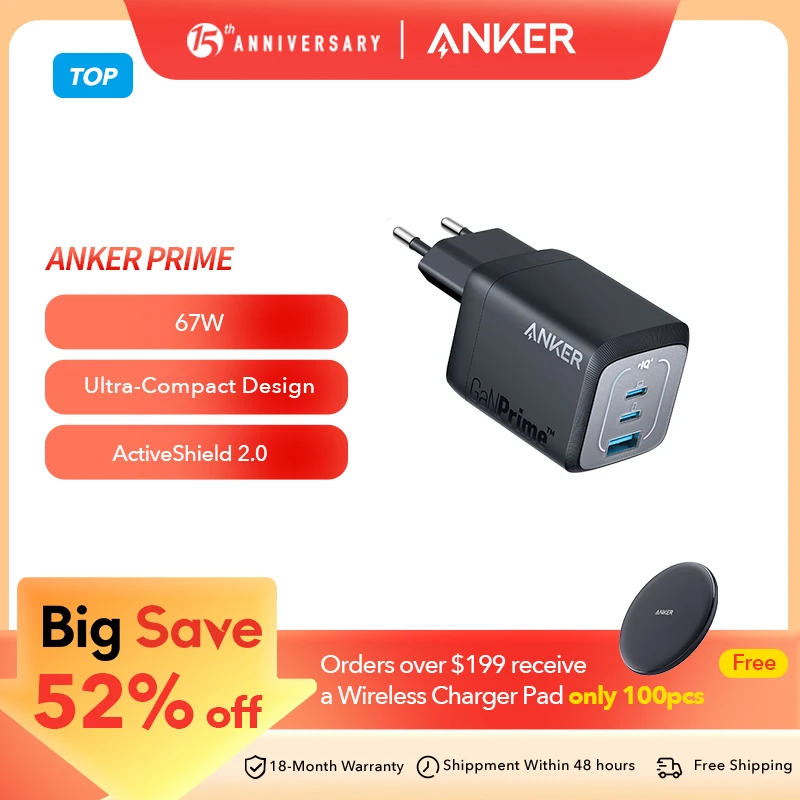 Cargador Anker Prime USB C de 67 W, cargador de pared Anker GaN, cargador PPS rápido compacto de 3 puertos, para MacBook Pro/Air, iPhone 15, iPad Pro