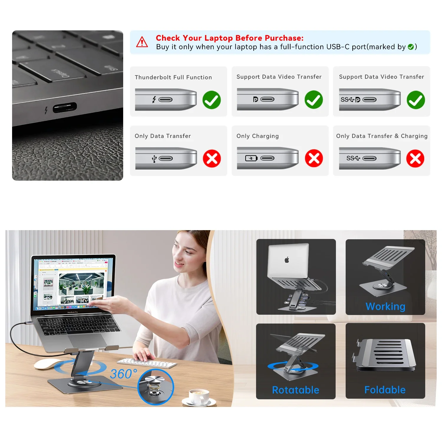 Soporte para portátil ALl en 1 para MacBook Pro Air Dell HP Surface 360 °   Plegable giratorio con concentrador USB Soporte universal para computadora portátil - imagen 5