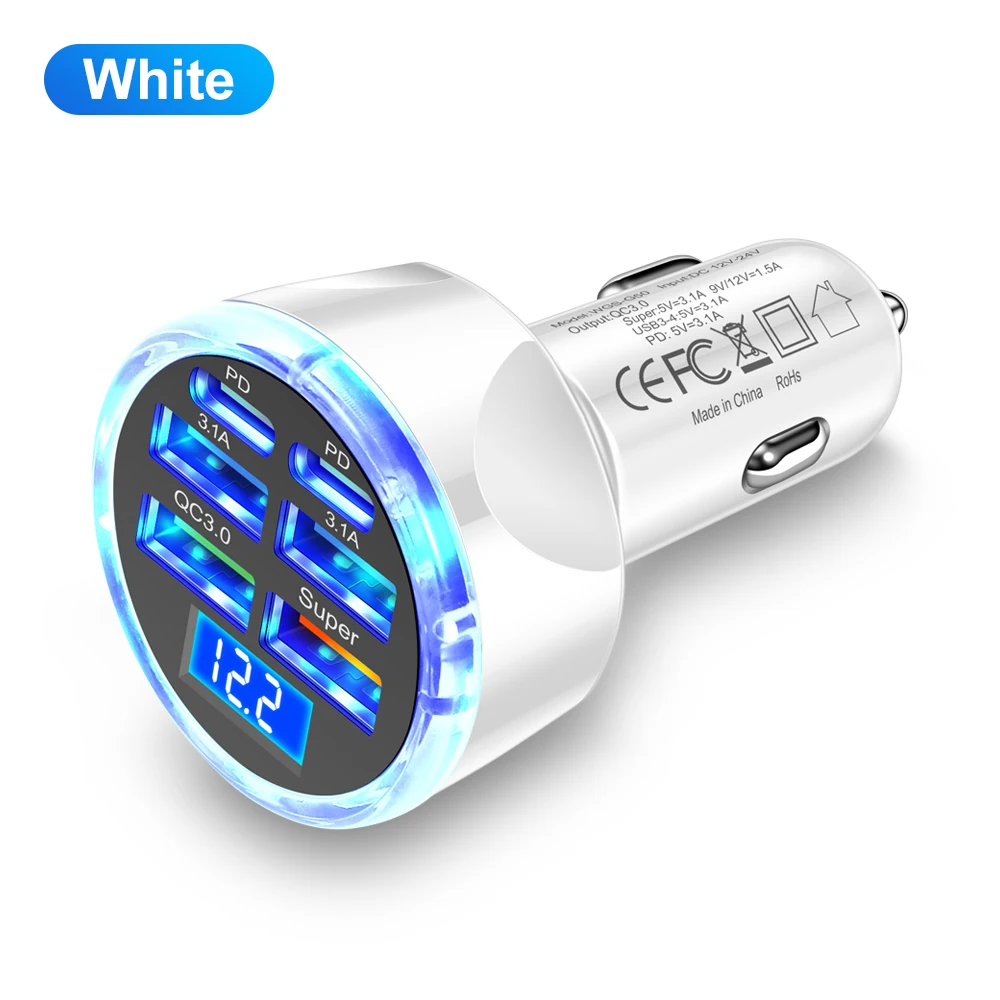 Cargador de coche 100W6 In1Ports carga rápida PD QC3.0 USBC cargador de teléfono de coche adaptador tipo C en coche para iPhone Samsung Huawei Xiaomi - imagen 4