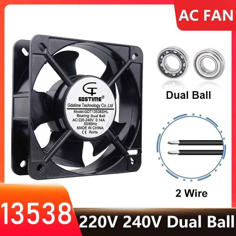 Gdstime 220V 240V 13CM 135MM x 38MM rodamiento de bolas Dual AC ventilador de refrigeración Axial 2 cables
