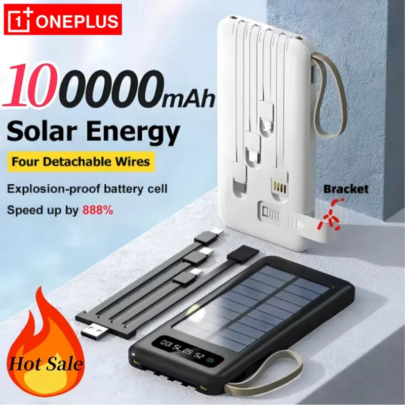 OnePlus-Banco de energía Solar de gran capacidad, 100000mah, batería de carga rápida para móvil, Usb Dual, 4 Cables para Iphone y Huawei - imagen 3