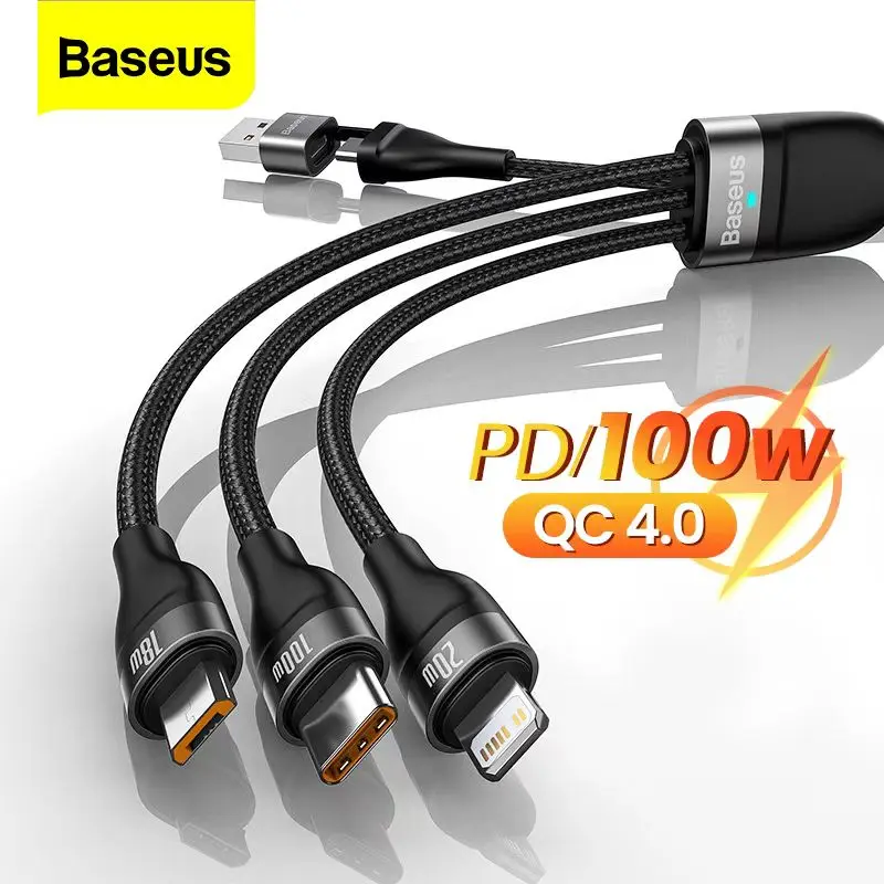 Cable Baseus 3 en 1 con conectores Micro USB, USB-C y Lightning para carga rápida 100W