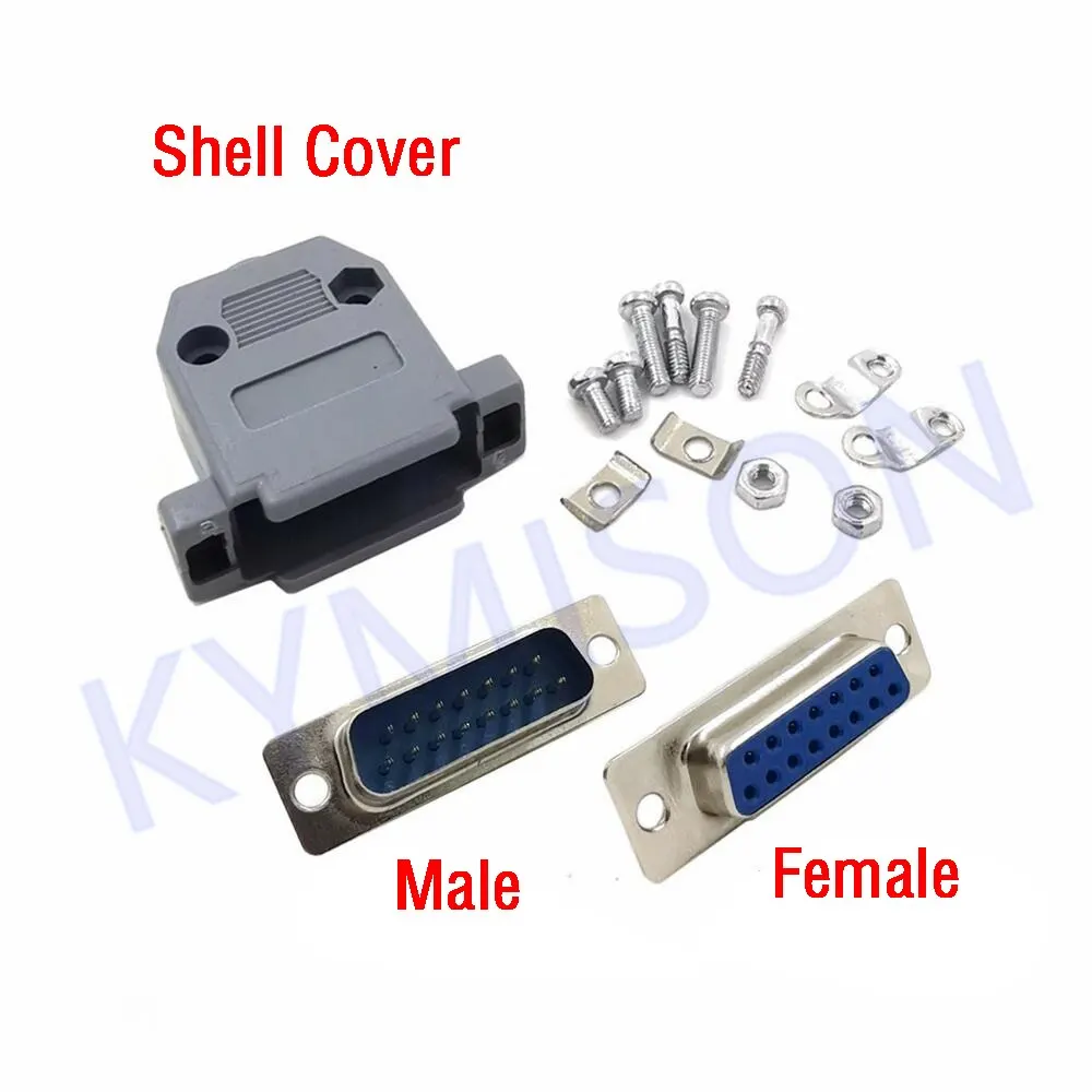 10 Uds RS232 DB15 15 pines hembra/macho 2 filas tipo soldadura enchufe D-SUB conector de enchufe macho cubierta de carcasa de montaje de plástico