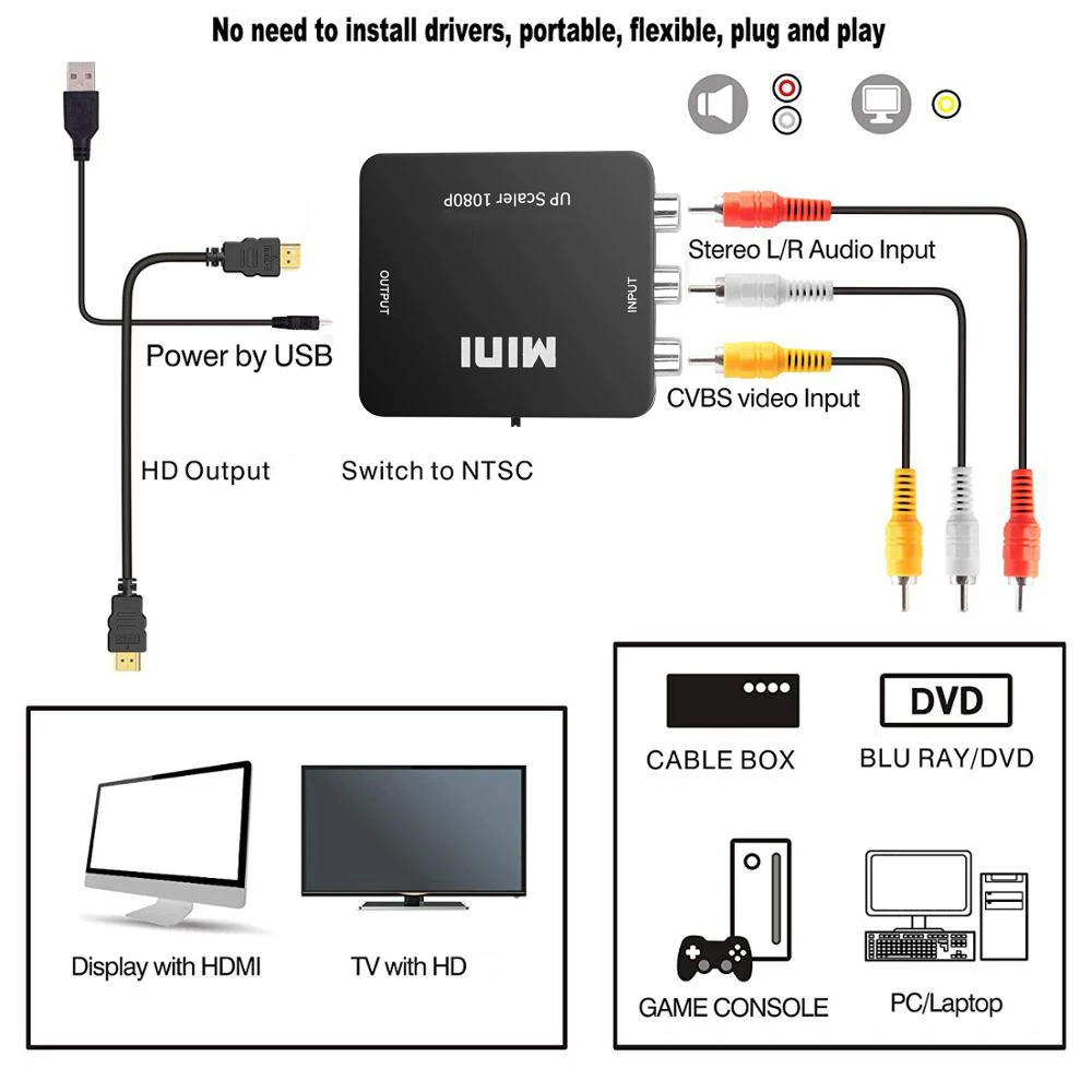 Adaptador RCA a HDMI convertidor 1080P HD AV a HDMI convertidor AV2HDMI AV/CVSB a HDMI-compatible AV a HDMI interruptor adaptador de HD-MI - imagen 2