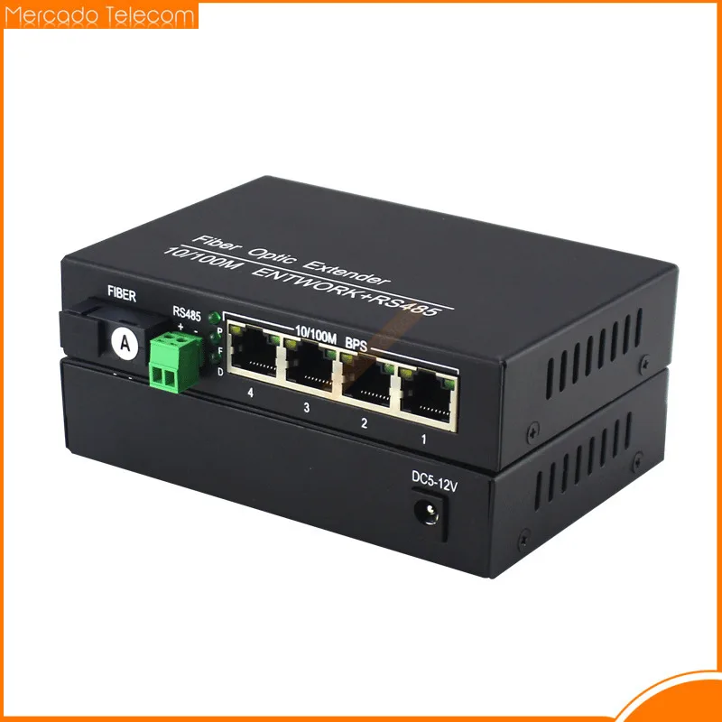 Receptor de fibra óptica Ethernet RS485 de 4 puertos 10/100 Ethernet + 1 vía, convertidor de datos, transmisión de datos SC de fibra monomodo de 20km