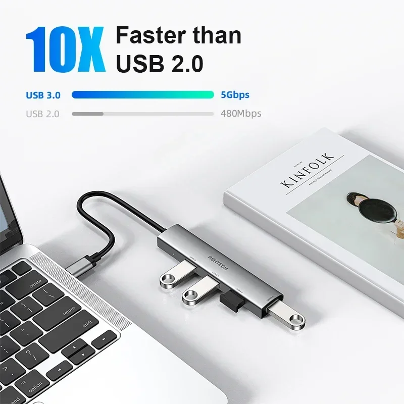 RSHTECH-Hub USB de 4 puertos, divisor USB 3,0 con transferencia de datos de 5Gbps, extensor USB de aluminio para portátiles MacBook, carga no compatible - imagen 4