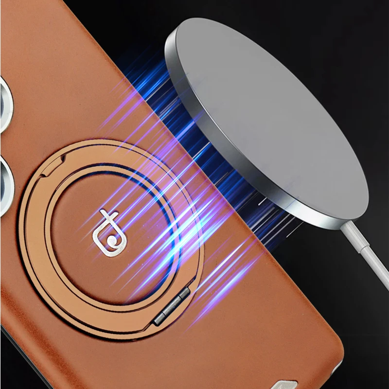 Para Magsafe Magnético 360 ° Funda de teléfono de cuero con anillo de soporte giratorio para coche, cubierta trasera de parachoques para Samsung S25 Ultra S23 S24 Ultra Plus - imagen 3