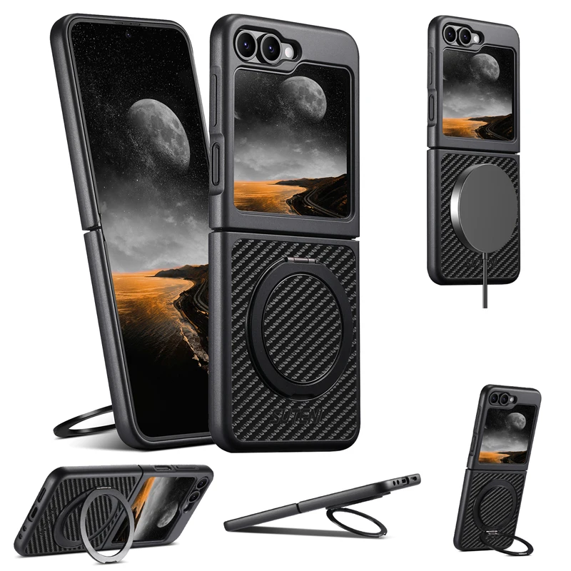 Para Samsung Galaxy Z Flip 5 6 funda magnética ELVEV patrón de fibra de carbono PU soporte giratorio protección cubierta de teléfono