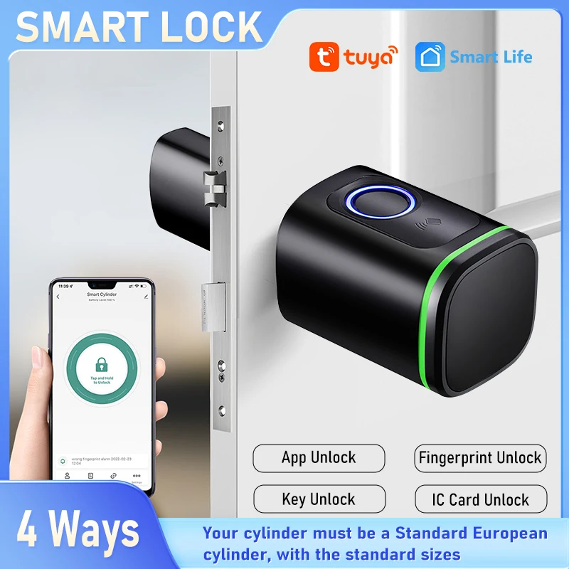 Cerradura inteligente con huella dactilar Tuya, cilindro europeo, compatible con tarjeta IC/desbloqueo remoto por aplicación a través de puerta de enlace Bluetooth, funciona con Smart Life