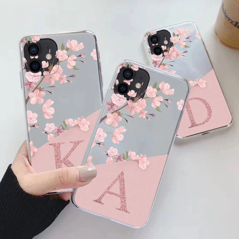 Funda con letras de flores para iphone 11 Pro Max Capa, Fundas transparentes de silicona suave para iphone 11Pro Max, Fundas con alfabeto, bolsas transparentes