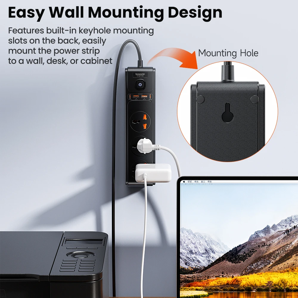 Toocki PD20W GaN tira de alimentación versátil 2500W Max toma Universal 3AC adaptador de enchufe UE Reino Unido EE. UU. toma de corriente Cable de extensión de 2M - imagen 4