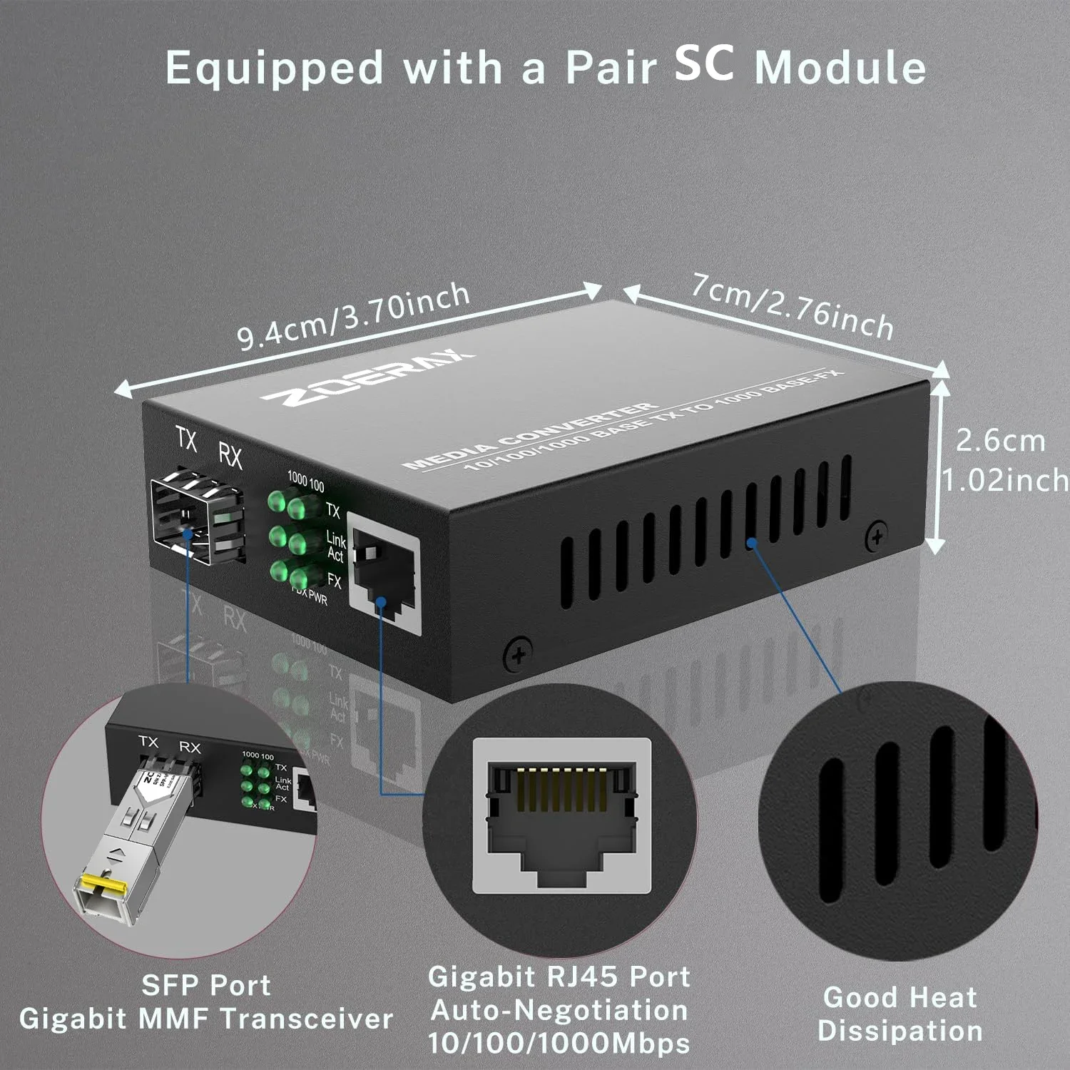 ZoeRax Gigabit SC Módulo transceptor SFP monomodo con fibra a RJ45 Ethernet Convertidor de medios Transceptor de fibra óptica - imagen 2