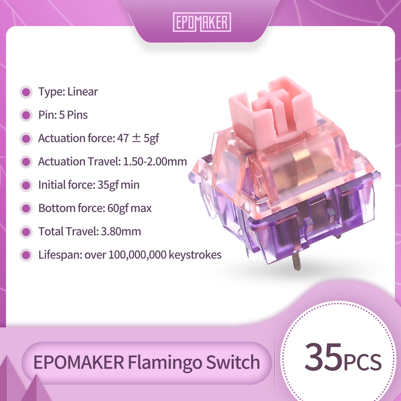 Juego de interruptores EPOMAKER Flamingo de 35 piezas, interruptor lineal lubricado de fábrica, vástago POM, carcasa de PC de doble resorte, Teclado mecánico - imagen 2