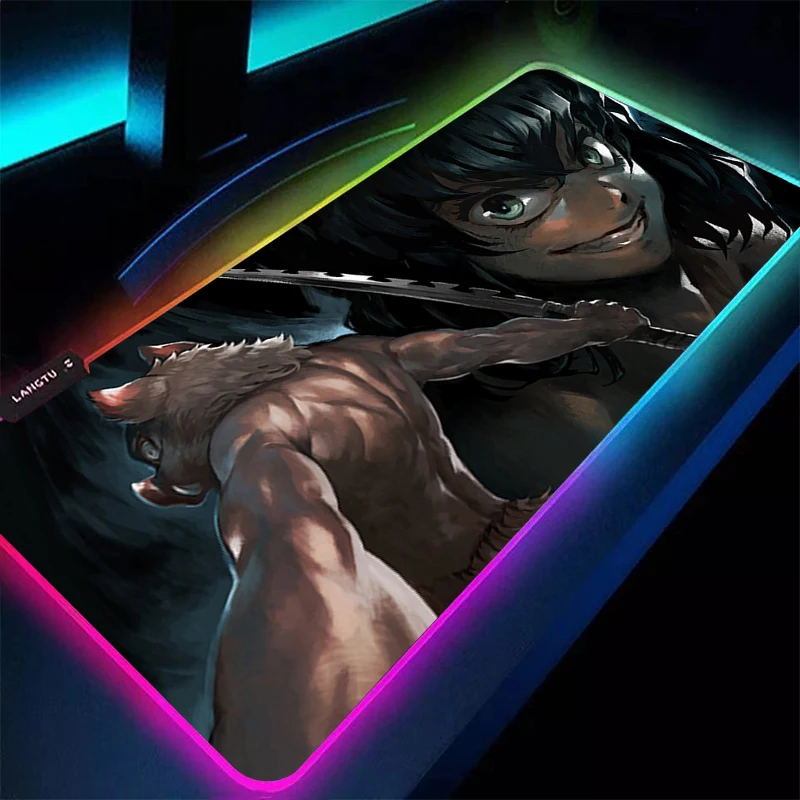 Alfombrilla de ratón LED RGB d-demon Slayer Inosuke, accesorios para PC de oficina, alfombrilla extendida, alfombrilla de ratón de Anime, alfombrilla de escritorio con patrón, alfombrillas de goma para juegos - imagen 3