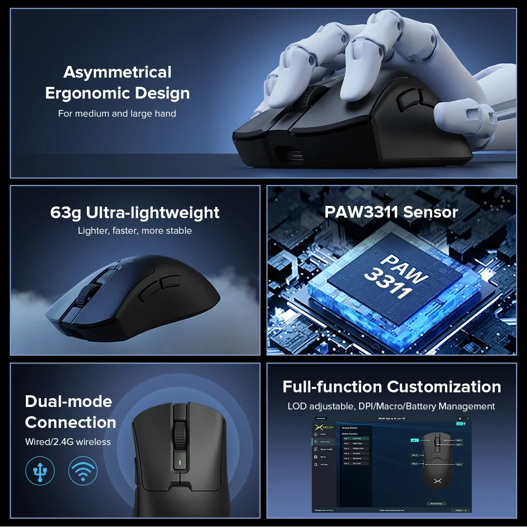 Ratón inalámbrico para juegos Delux M900 SE, ratón ergonómico PAW3311 12000DPI, ligero, 63g para manos grandes derechas, PC, portátil y Gamer - imagen 2