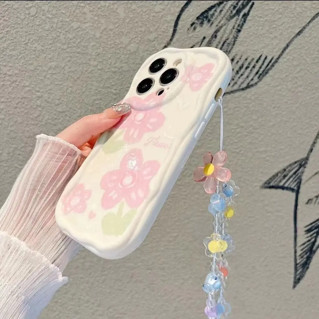 Funda de teléfono con cadena de flores y sonrisa bonita para Iphone 16 15 14 13 12 11 Pro Max 16 Plus 7 8 XR X XS 12 Mini cubierta de borde ondulado color crema - imagen 4