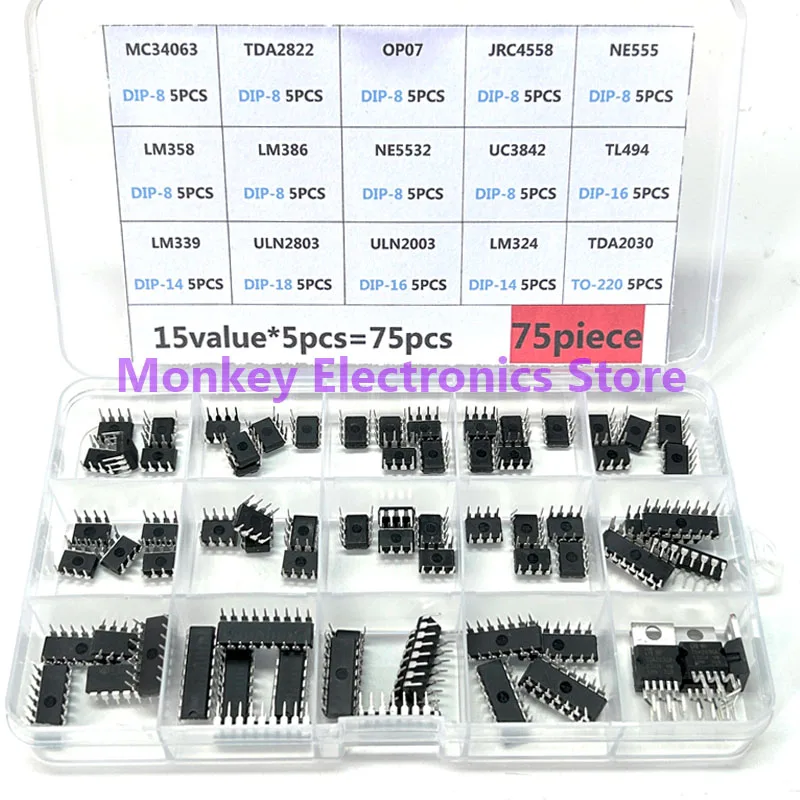 Kit de circuito integrado IC DIP, caja LM358, LM386, ULN2003, LM324, NE555, MC34063, TL494, ULN2803, LM324, TDA2030, LM339, ULN2803, TDA782, 75 piezas