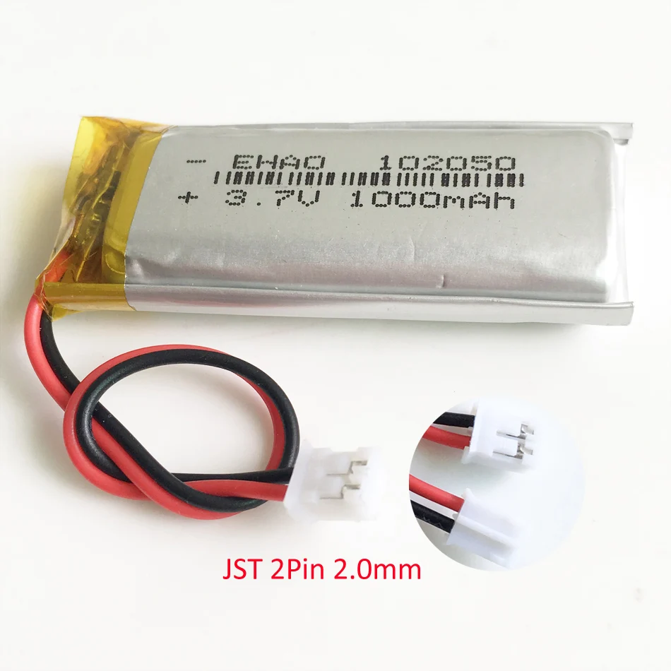 Batería recargable Lipo de 3,7 V, 1000mAh, 102050 + JST, 2 pines, enchufe de 2,0mm para Bluetooth, KTV, micrófono con cable para el hogar, cámara GPS
