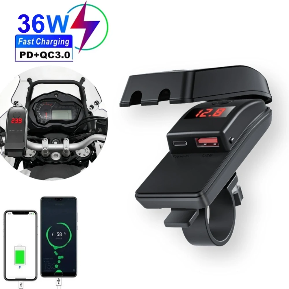 PD QC3.0 cargador rápido USB para motocicleta, manillar de 36W, enchufe USB tipo C con interruptor, voltímetro, adaptador de fuente de alimentación impermeable de 12V