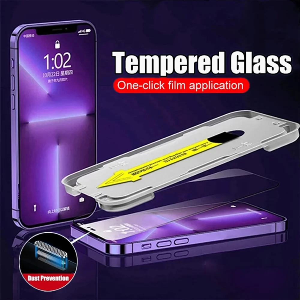 Protector de pantalla HD de fácil instalación para iPhone, vidrio templado sin polvo para modelos 16 Pro Max, 15, 13, 11, 14, 12 Mini, XR, XS, 7, 8 Plus, 16 Pro Max