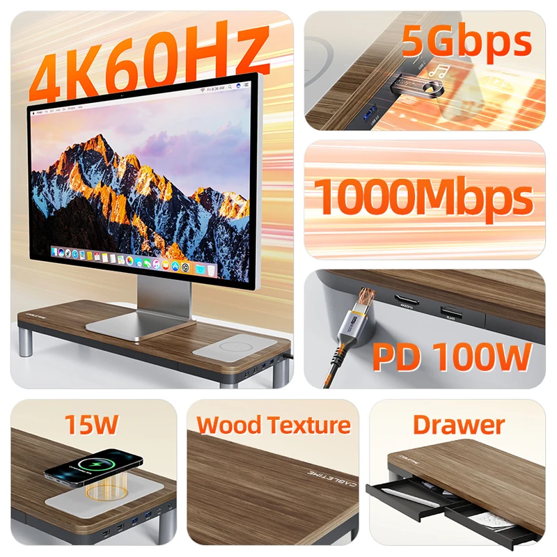 Soporte de Monitor CABLETIME con concentrador de USB-C 9 en 1 Dock HDMI 4K60Hz PD100W RJ45 carga inalámbrica para Macbook PC soporte de escritorio para portátil - imagen 2