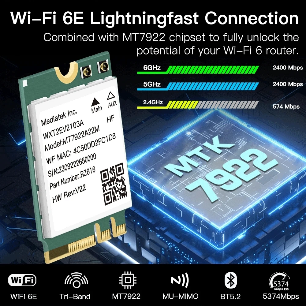 Tarjeta inalámbrica WiFi6E MT7922 M.2 5374Mbps Bluetooth 5,2 Tri Band 2,4G/5G/6Ghz adaptador de red 802.11AX Windows 10/11 - imagen 2