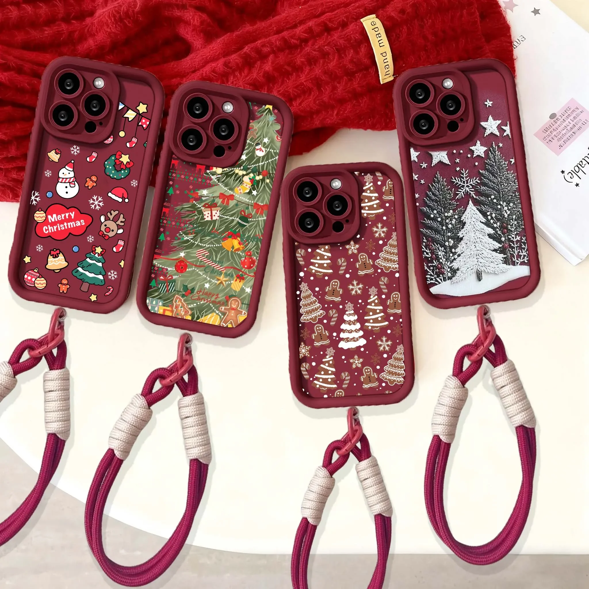 Lindo árbol de Navidad Santa con correa para la muñeca funda con cordón para IPhone 17 Pro 17 Air 16 15 14 13 12 11 Pro Max Plus 16E 13 Min