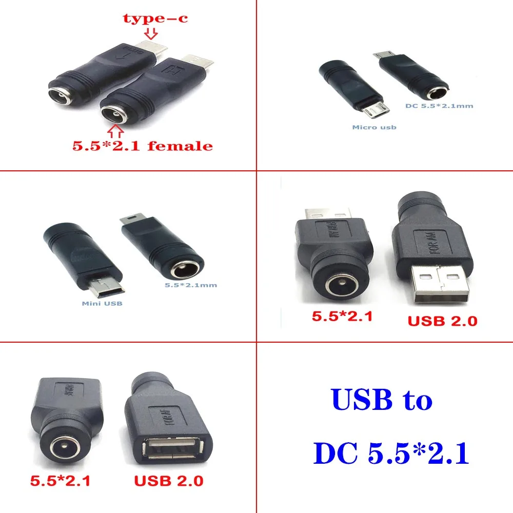 Conector de alimentación hembra CC 5,5*2,1mm a USB 2,0 macho mirco mini tipo c enchufe macho Jack 5V conector adaptador convertidor para ordenador portátil