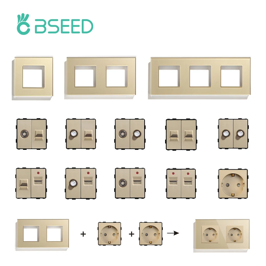 BSEED-Módulos de bricolaje, Panel de vidrio de la UE, doble enchufe USB, Internet, CAT5, RJ45, ST, toma de corriente de TV, Combinación libre montada en la pared - imagen 2