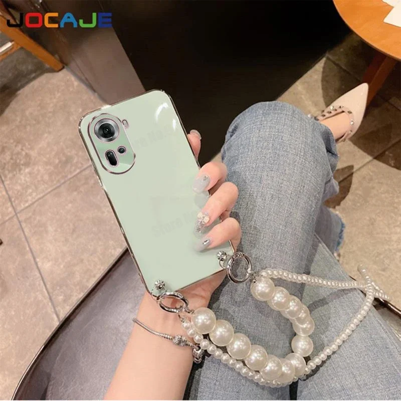 Funda de silicona suave chapada para OPPO Reno 12 Pro 12F, cadena cruzada, collar, cordón, funda de perlas para Reno 11Pro Reno 10 Pro Plus