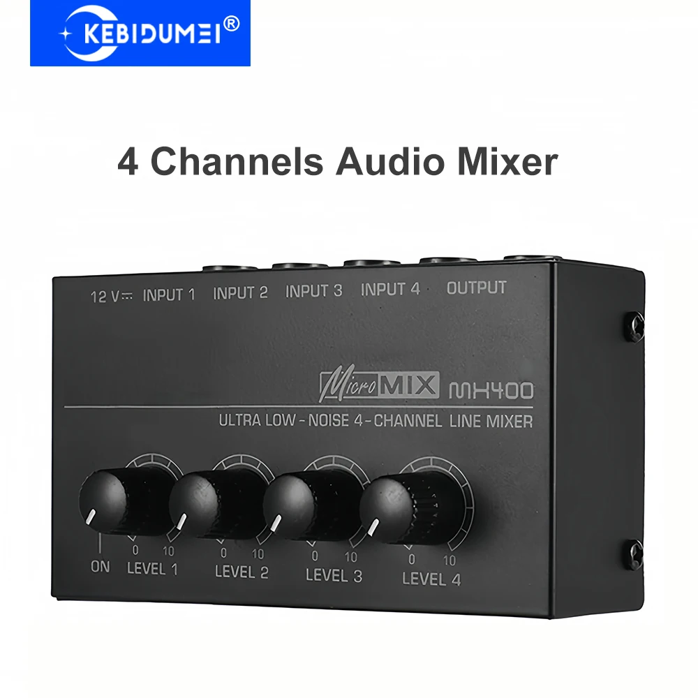 Mini mezclador de sonido de 4 canales Mezclador de línea DC 12V Mezclador de audio de fácil operación Ruido ultrabajo 4 entradas 1 salida con adaptador de corriente
