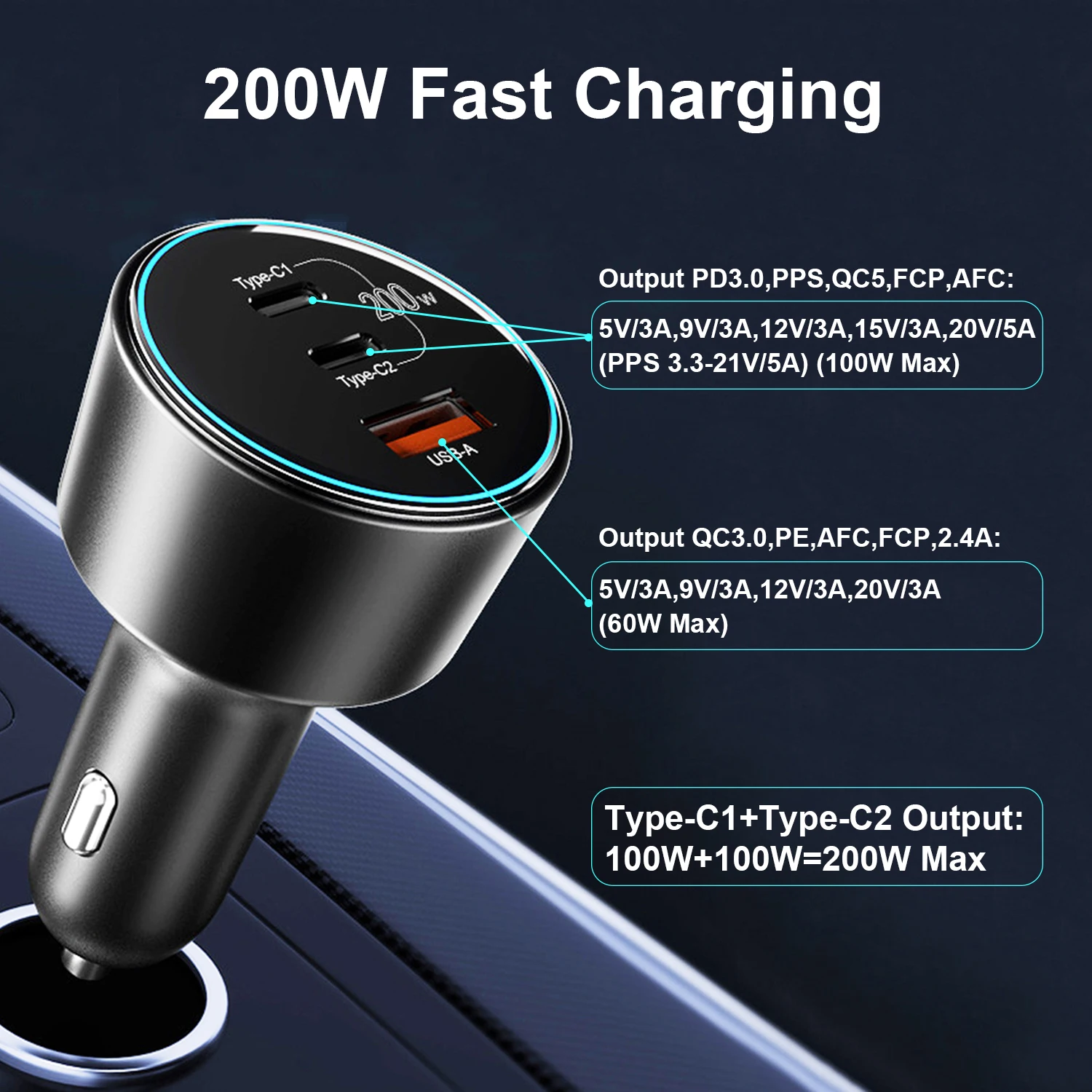 Adaptador de cargador de coche USB C de 200W, 3 puertos tipo C, PD 100W + PD 100W, carga rápida para iPhone, Galaxy, iPad, MacBook, ordenadores portátiles - imagen 4