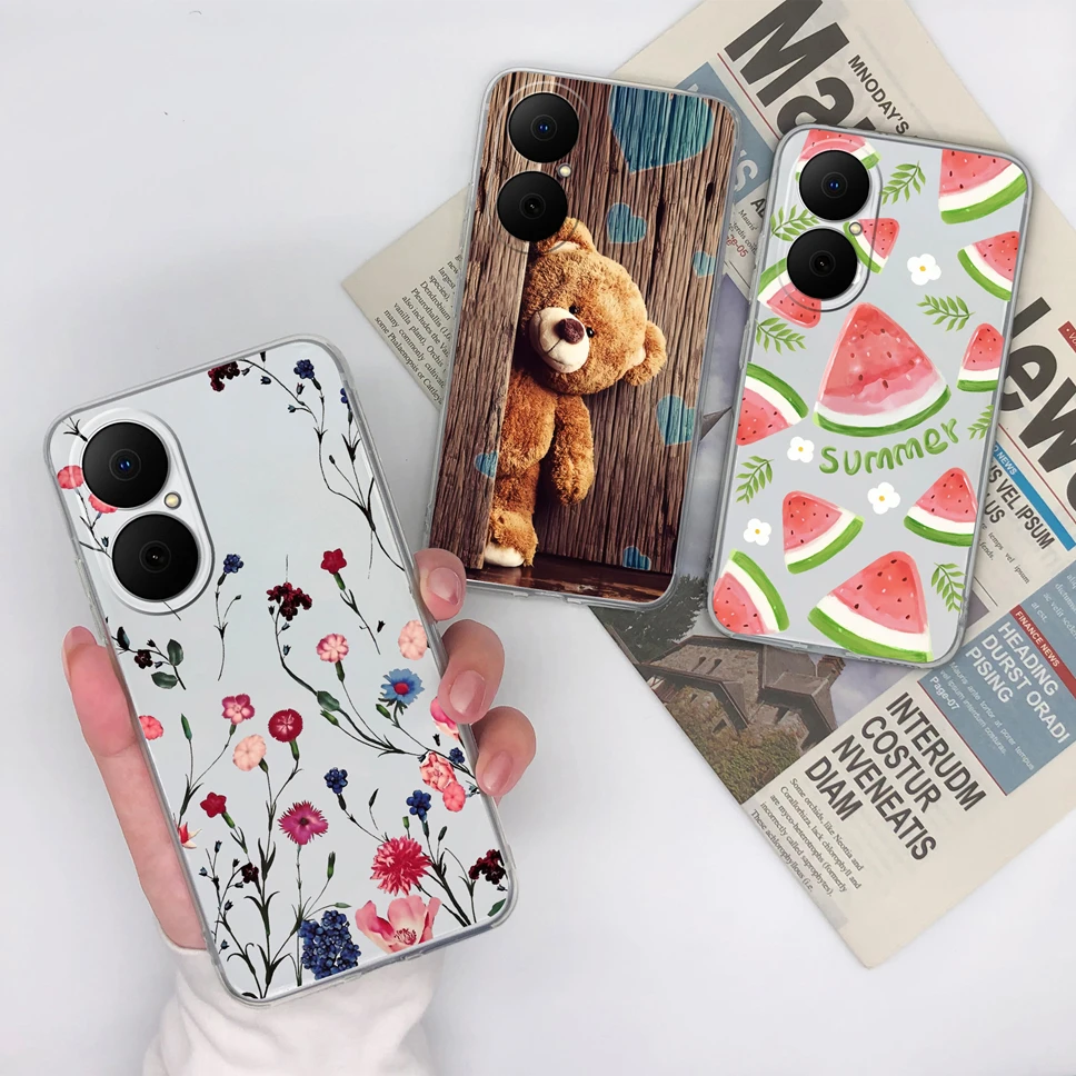 Funda para Huawei Enjoy 80 encantadora funda trasera de oso de flores para Huawei Nova Y73 transparente suave TPU silicona anticaída Capa Fundas