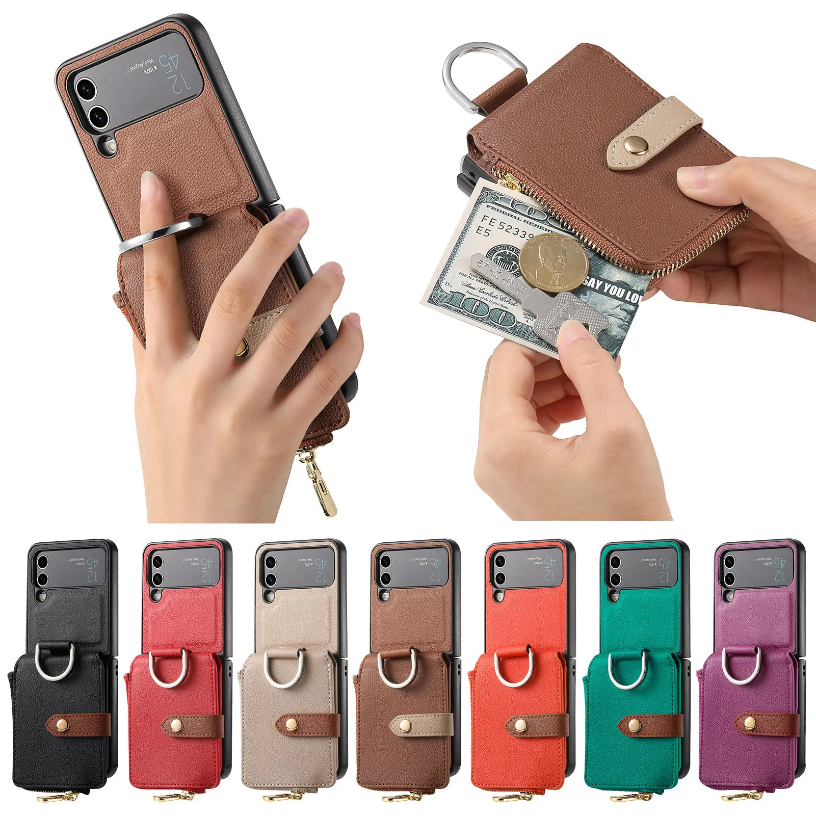 Funda de cuero con cremallera Vertical para Samsung Z Flip 5, 4, 3, 5G, soporte a prueba de golpes, monedero, anillo, soporte, funda de bolsillo - imagen 2